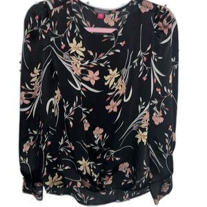 Vince Camuto Blk & Pink Floral, Crewneck, Silky, Bishop Slv w/buttons XXS